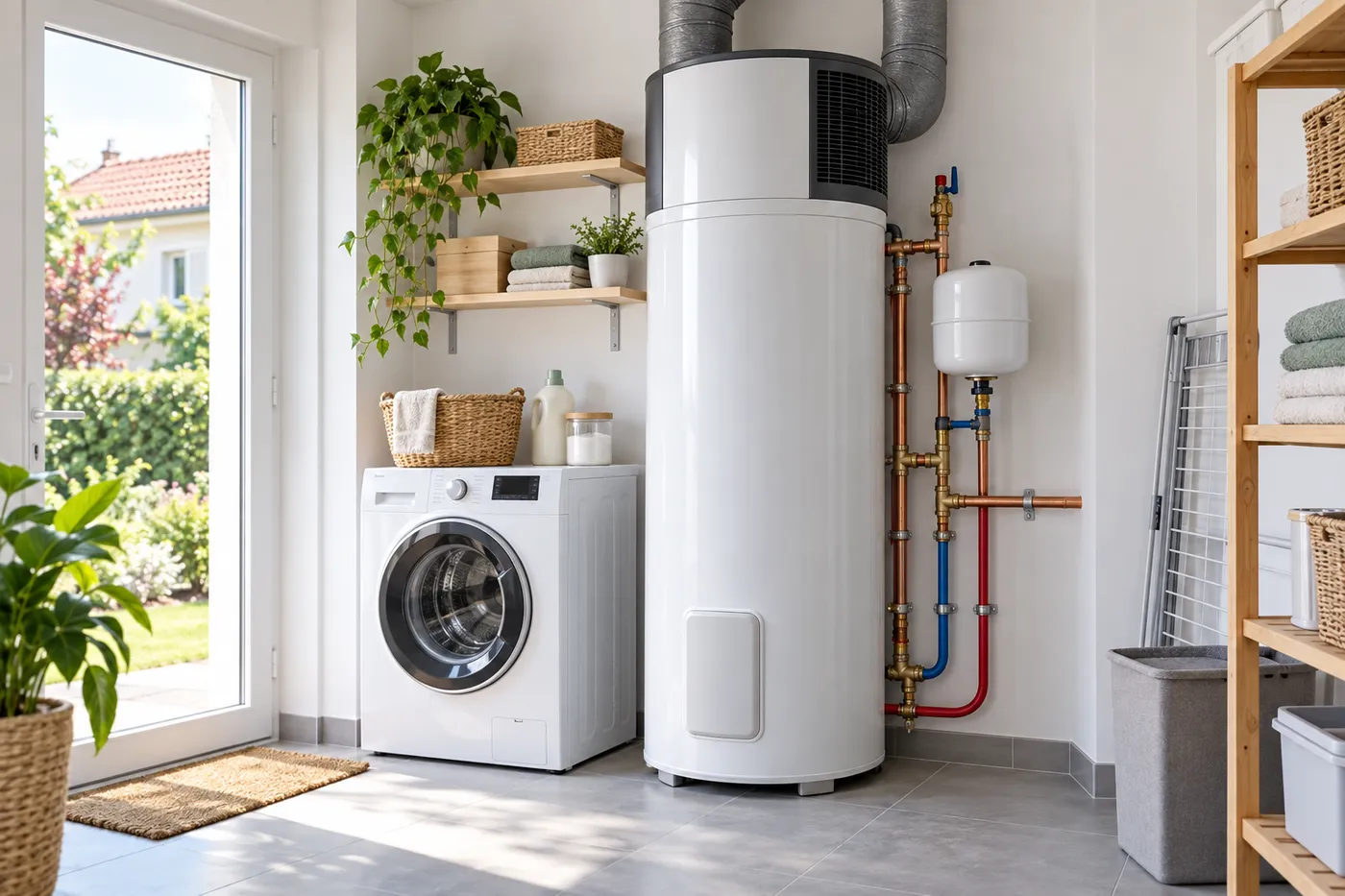 Chauffe-eau thermodynamique installé dans une buanderie, raccordements cuivre apparents