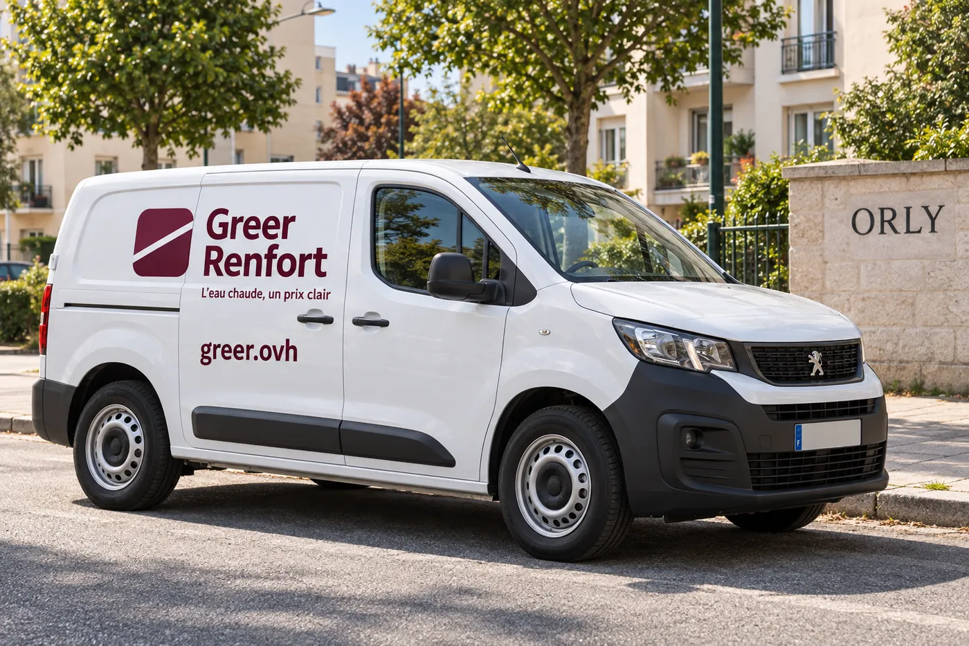 Fourgon blanc Greer Renfort siglé greer.ovh garé dans une rue résidentielle d'Orly