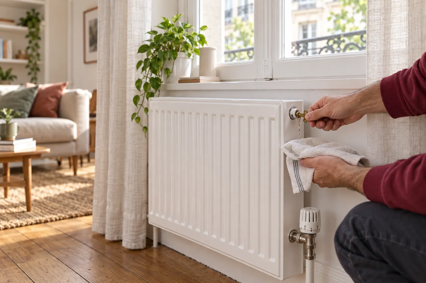 Purge d'un radiateur à robinet thermostatique sous la fenêtre d'un séjour